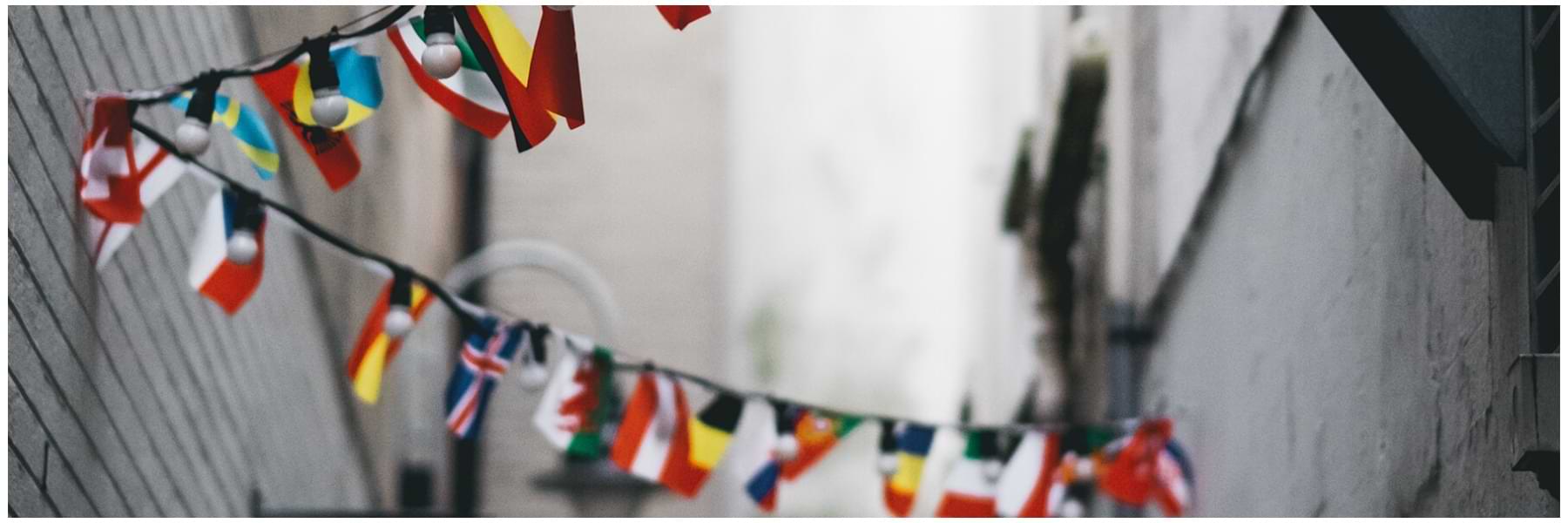 Strands of the lights with various foreign flags attached.